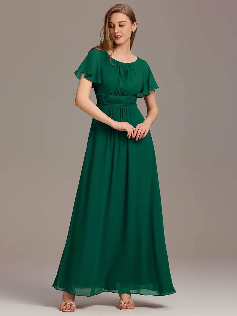 Elegant Round Neck Pleated Bridesmaid Dress – Flowy & Timeless Design - Biamonde