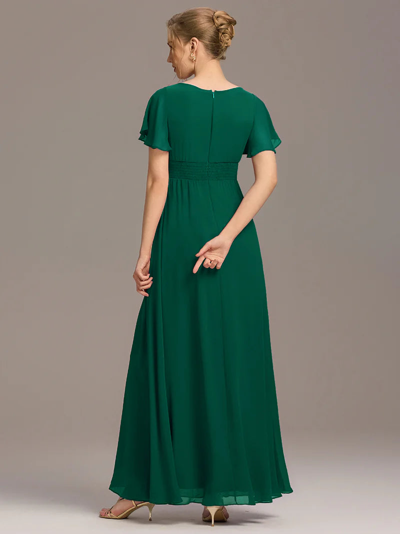 Dark green elegant round neck bridesmaid dress with pleated skirt and flowy silhouette