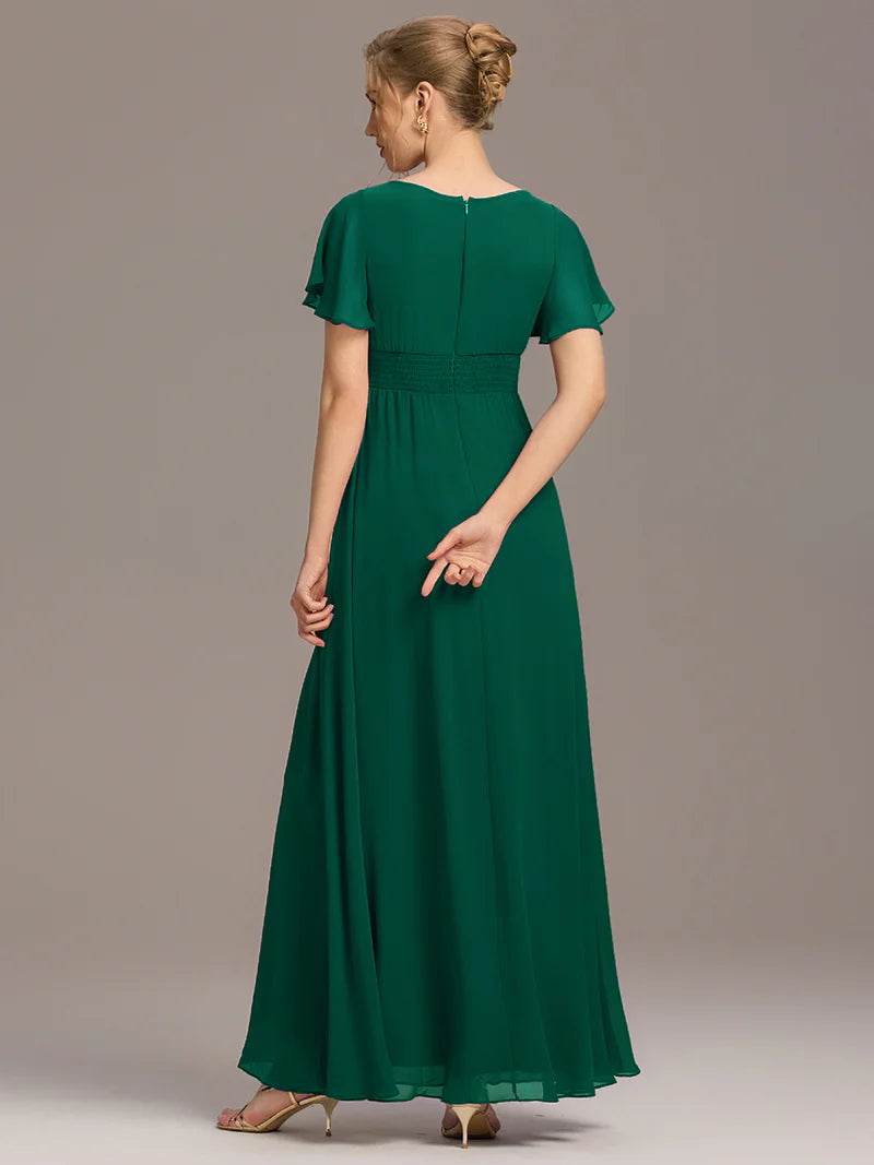 Elegant Round Neck Pleated Bridesmaid Dress – Flowy & Timeless Design - Biamonde