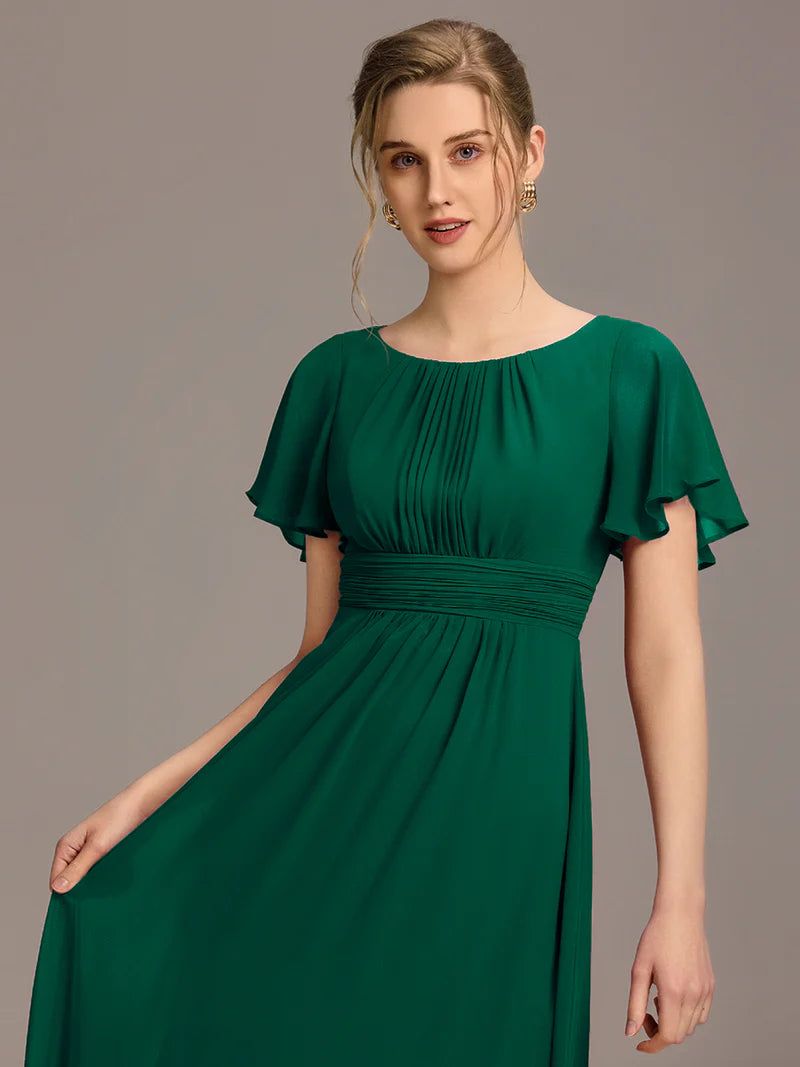 Dark green elegant round neck bridesmaid dress with pleated skirt and flowy silhouette