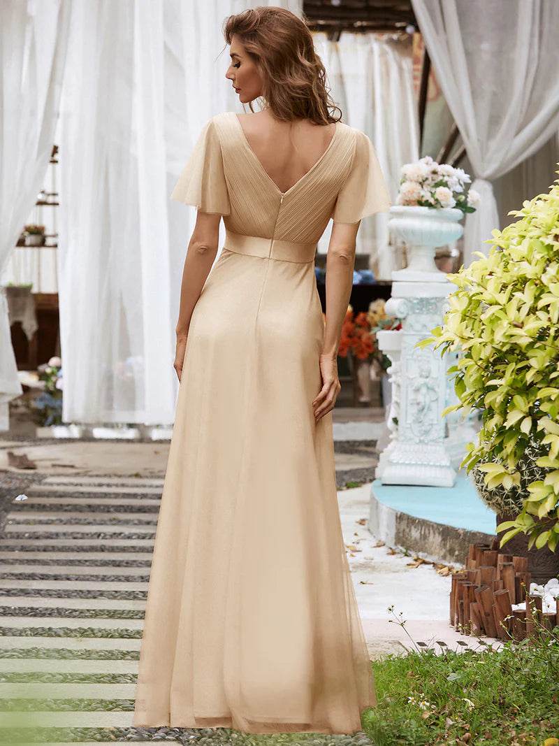 Elegant V-Neck A-Line Bridesmaid Dress – Floor-Length Gown - Biamonde