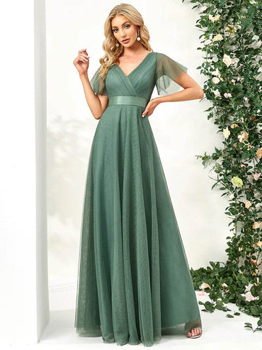 Elegant V-Neck A-Line Bridesmaid Dress – Floor-Length Gown - Biamonde