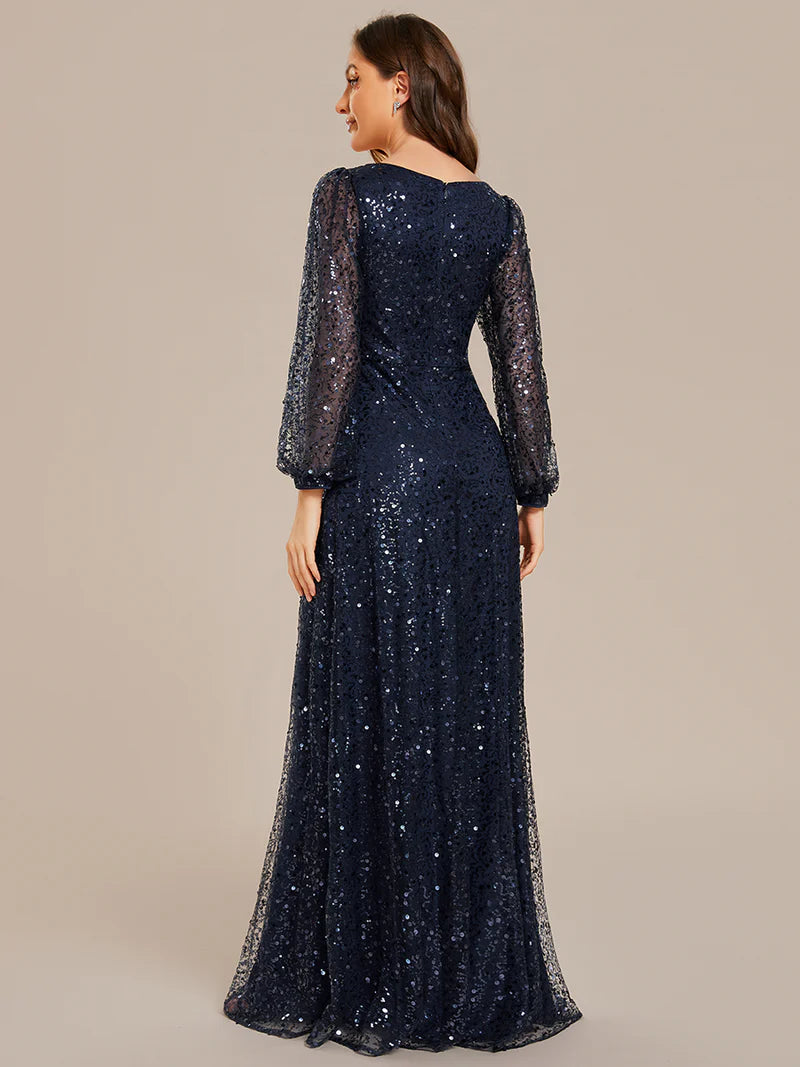 Elegant V-neck chiffon guest navy blue dress with long sleeves and a cinched waist