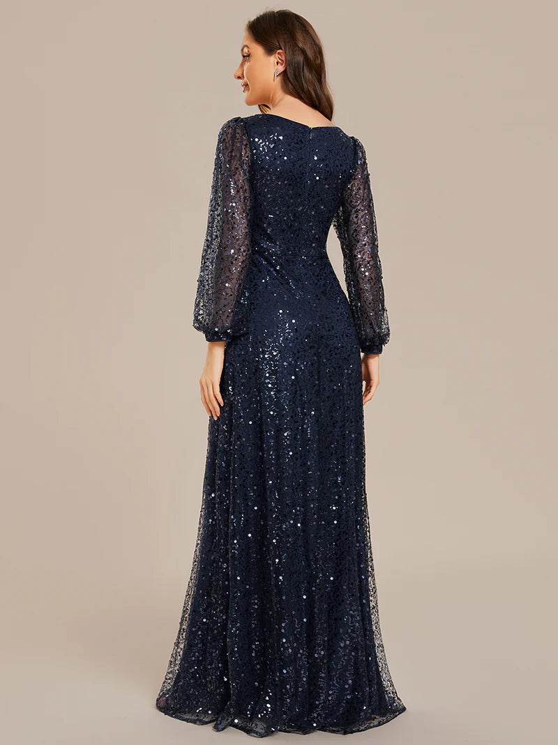 Elegant V-Neck Chiffon Guest Dress with Long Sleeves and Fitted Waist - Biamonde