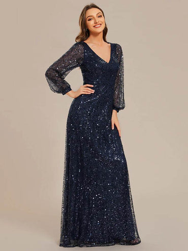 Elegant V-Neck Chiffon Guest Dress with Long Sleeves and Fitted Waist - Biamonde