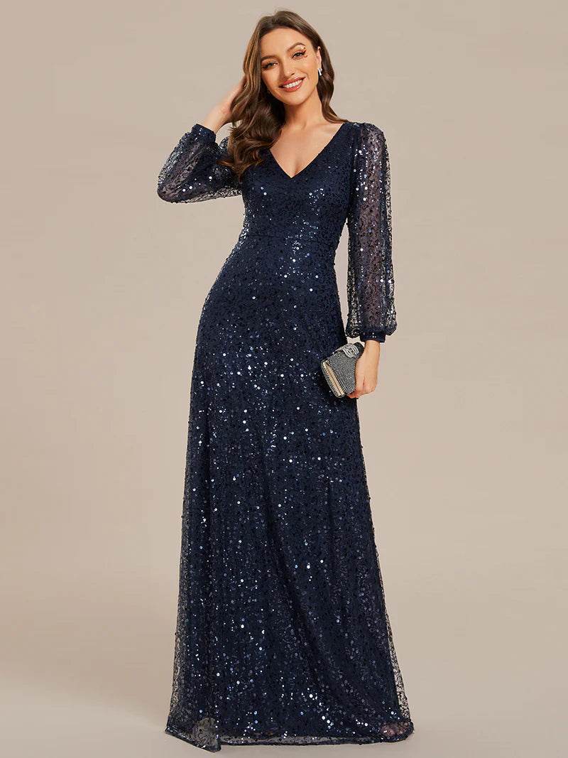 Elegant V-Neck Chiffon Guest Dress with Long Sleeves and Fitted Waist - Biamonde
