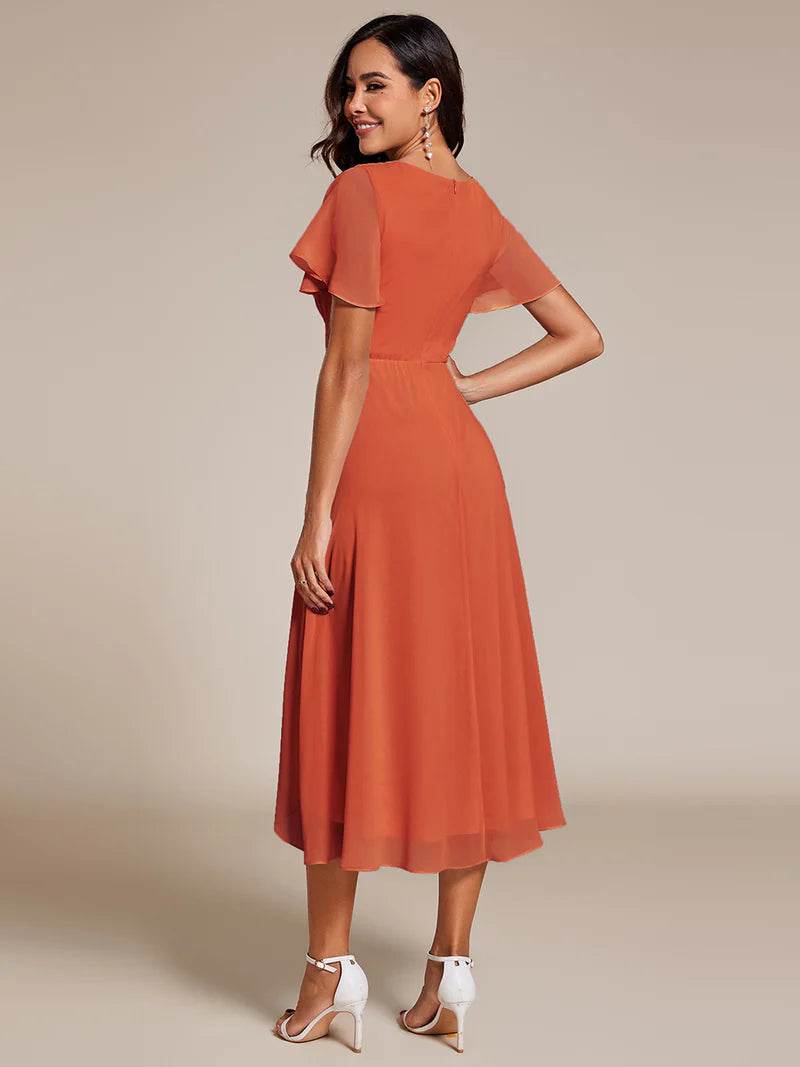 Elegant V-Neck Midi Chiffon Wedding Guest Dress with Ruffle Sleeves - Biamonde