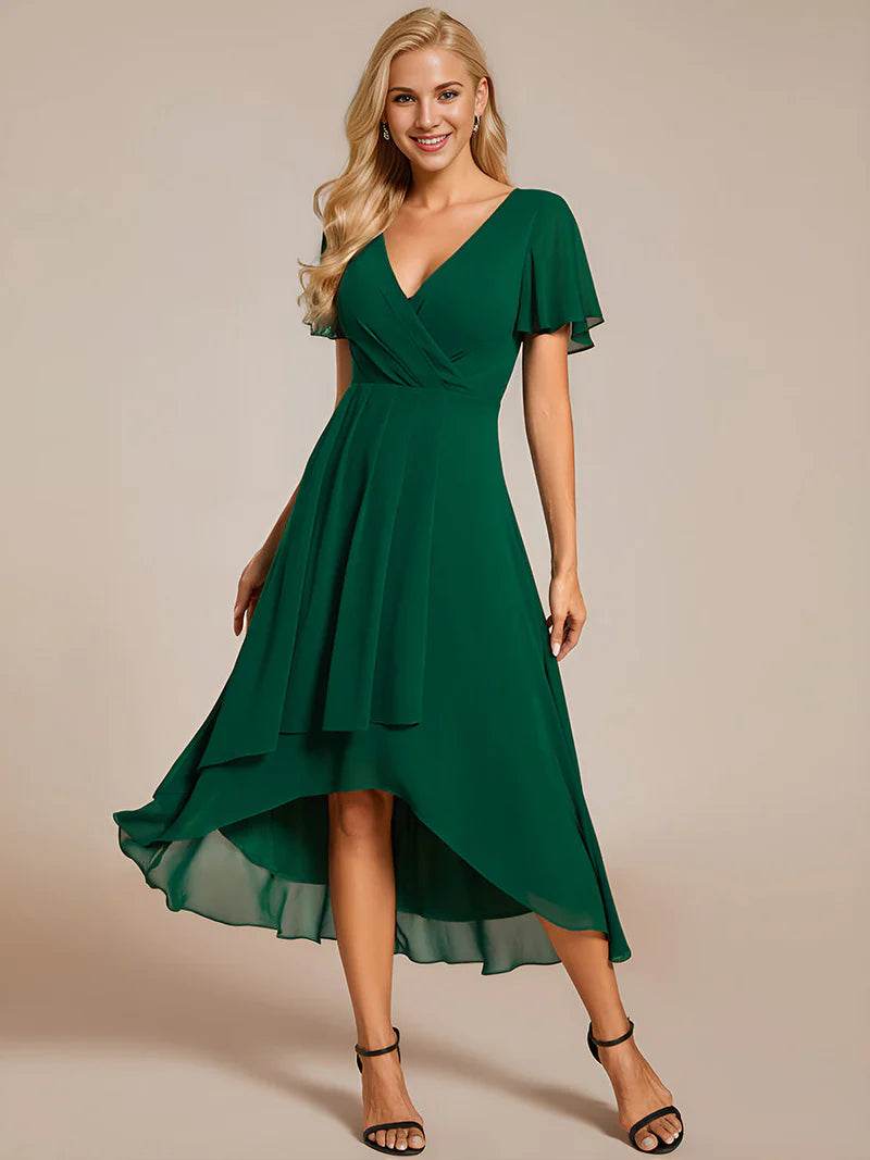 Elegant V-Neck Midi Chiffon Wedding Guest Dress with Ruffle Sleeves - Biamonde
