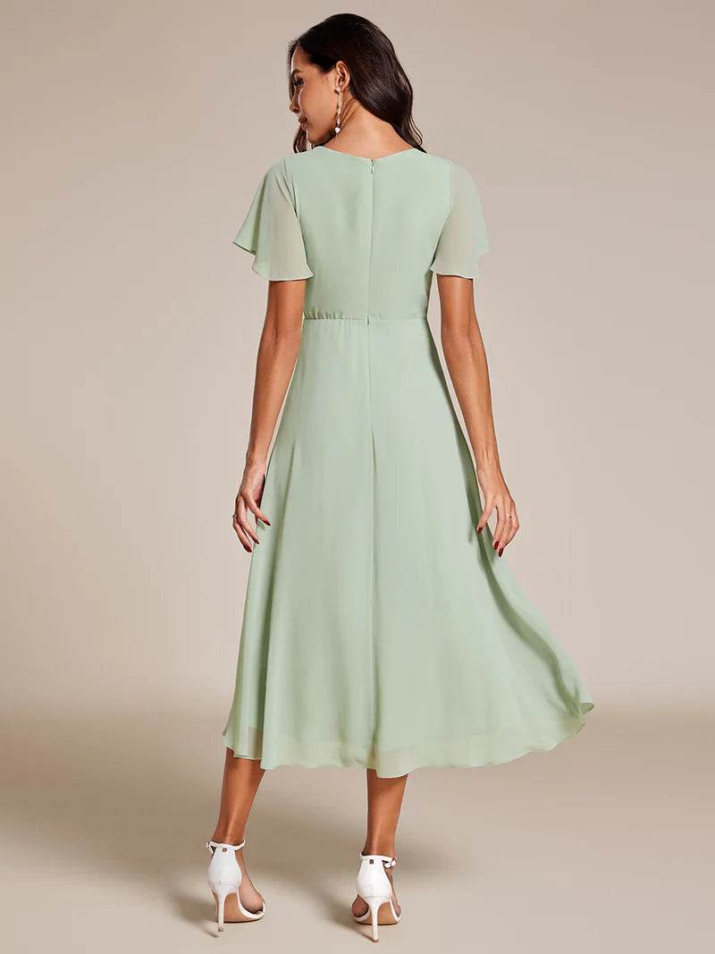 Elegant V-Neck Midi Chiffon Wedding Guest Dress with Ruffle Sleeves - Biamonde