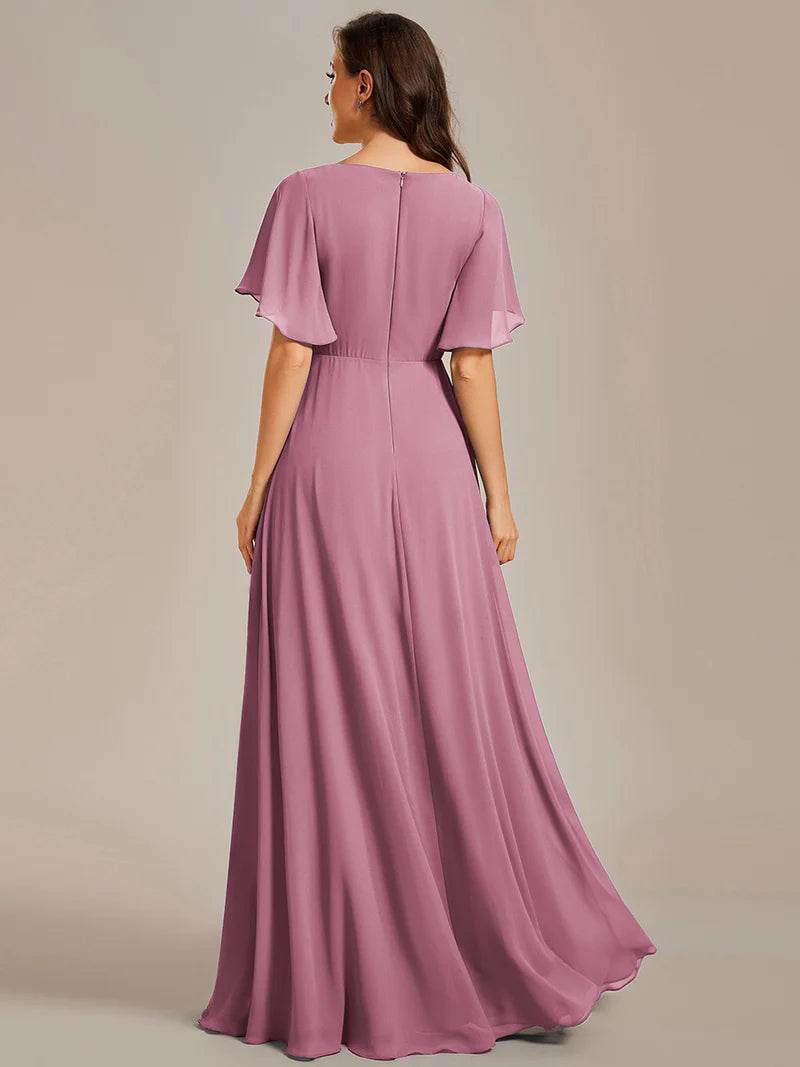 Elegant V-Neck Pleated Bridesmaid Dress with Floral Appliqués - Biamonde