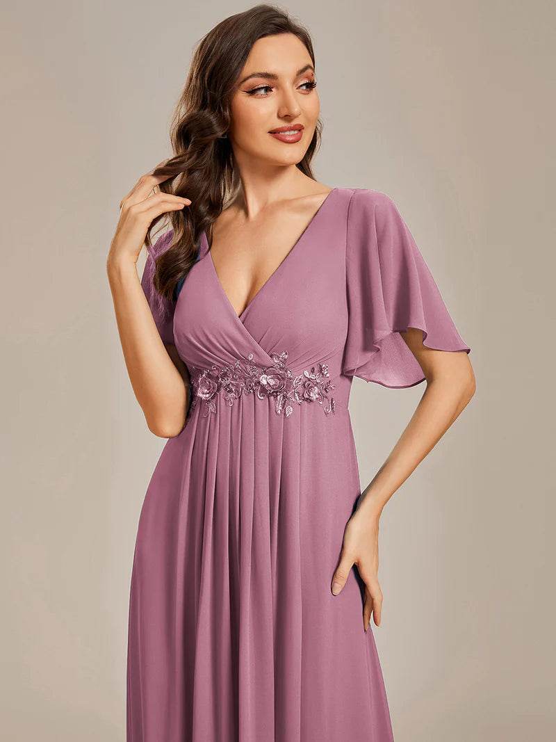 Elegant V-Neck Pleated Bridesmaid Dress with Floral Appliqués - Biamonde