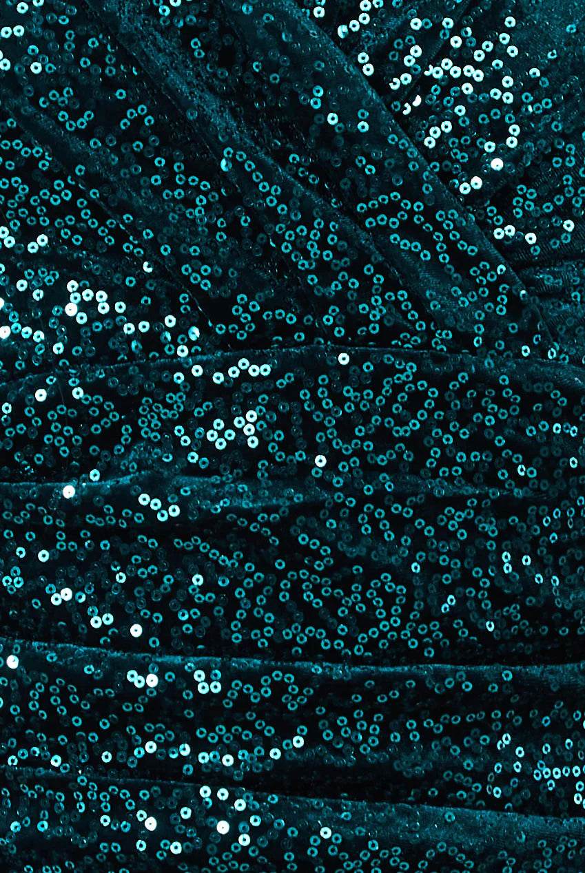 Emerald Green Sequin & Velvet Bardot Jumpsuit – Off-Shoulder Partywear Elegance - Biamonde