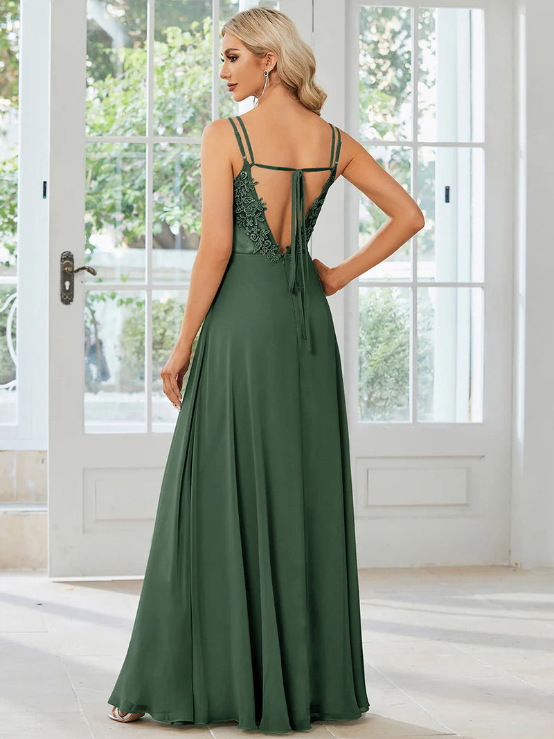 Eucalyptus Elegant chiffon bridesmaid dress with lace V-back and lightweight design