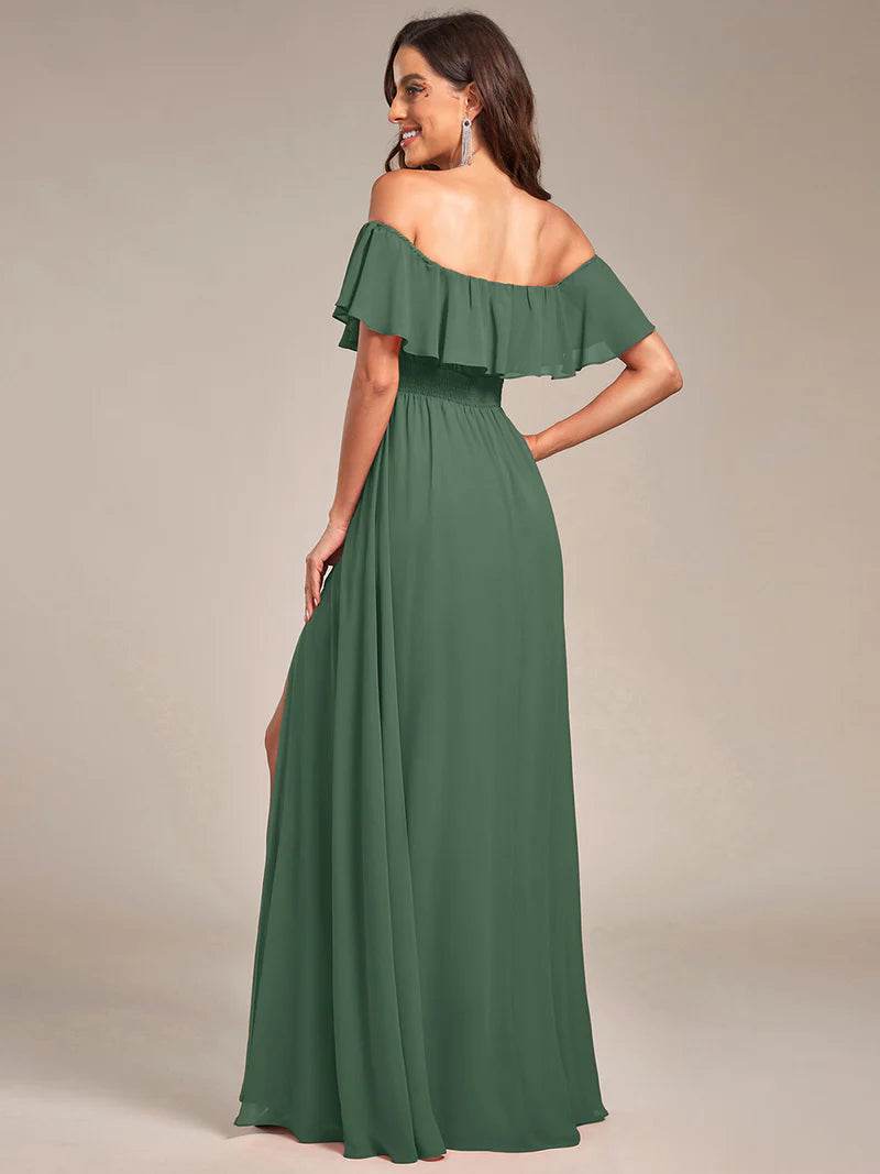 Off-the-Shoulder Bridesmaid Dress – Ruffled with Thigh Split - Biamonde