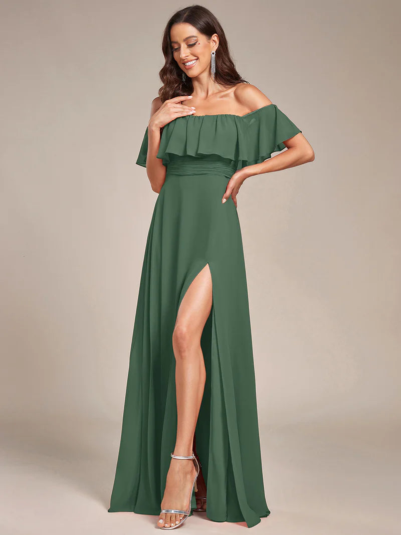 Off-the-Shoulder Bridesmaid Dress – Ruffled with Thigh Split
