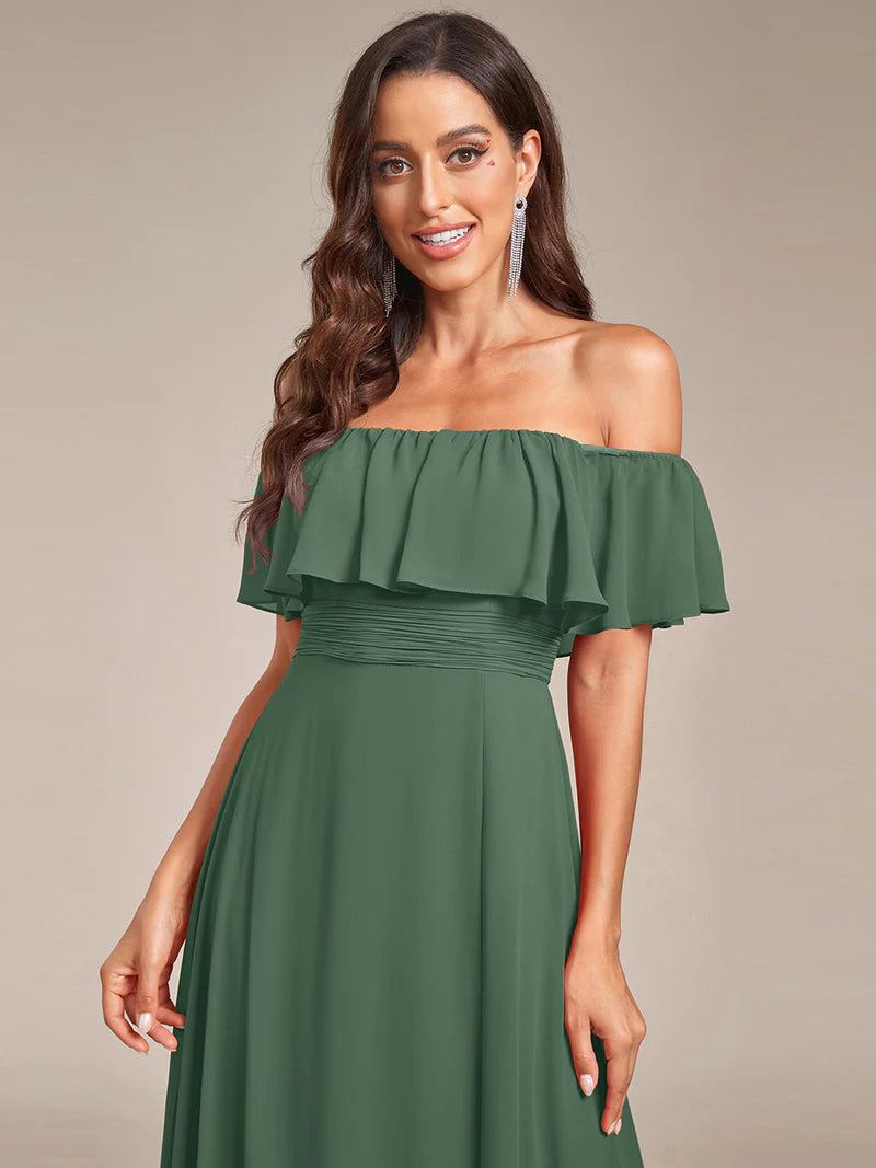 Eucalyptus bridesmaid dress with ruffle detailing and thigh-high split
