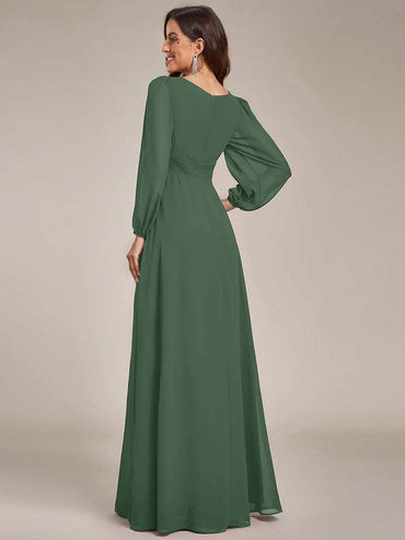 Round Neck Bridesmaid Dress with Long Lantern Sleeves – Maxi Gown - Biamonde