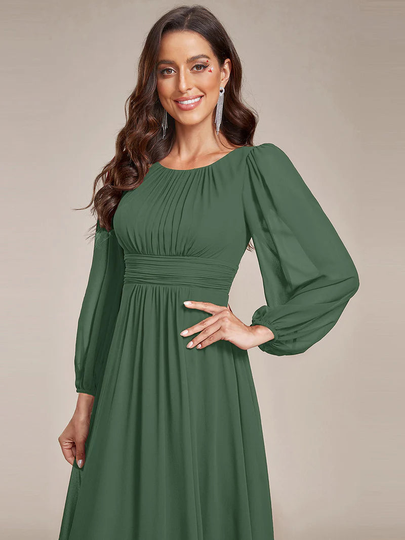 Elegant round neck eucalyptus bridesmaid dress with long lantern sleeves and full-length skirt