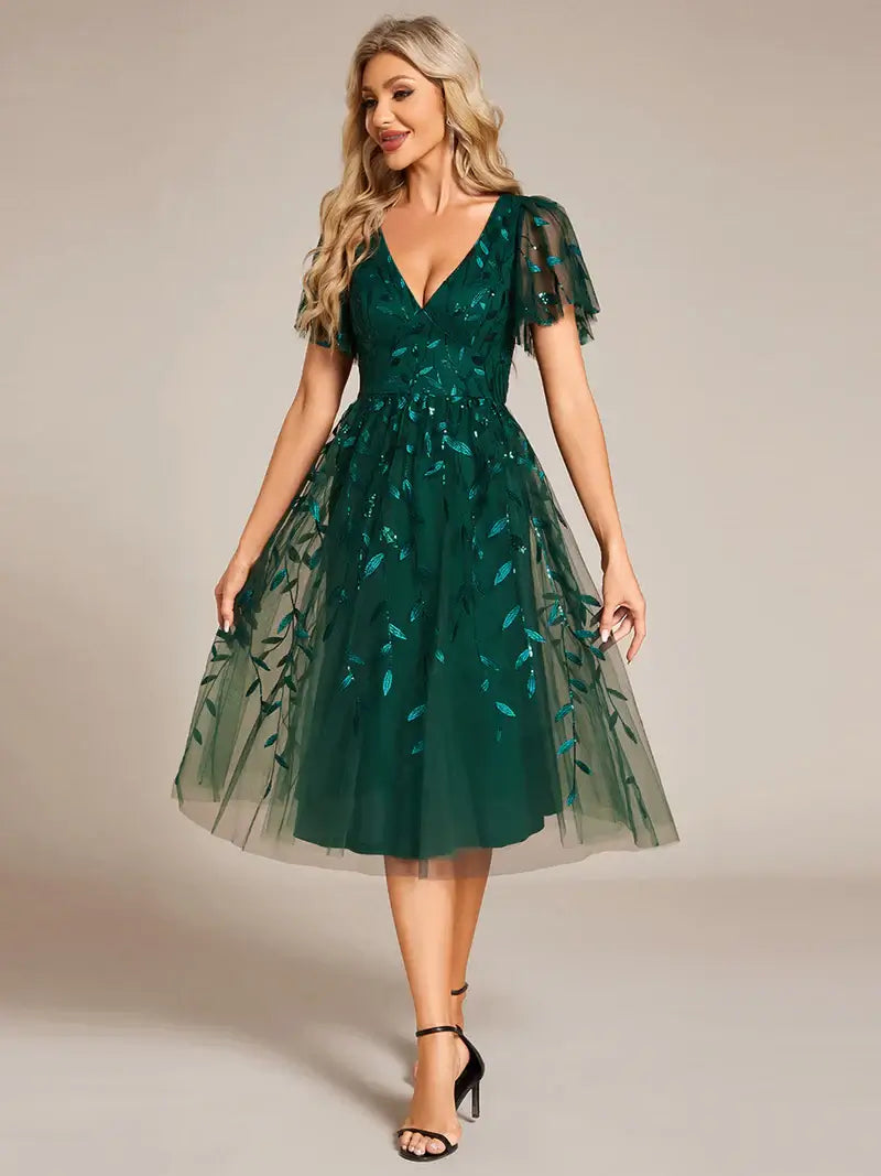 Exquisite Midi-Length Tulle Dress with Ruffled Sleeves, Sequins & Embroidery