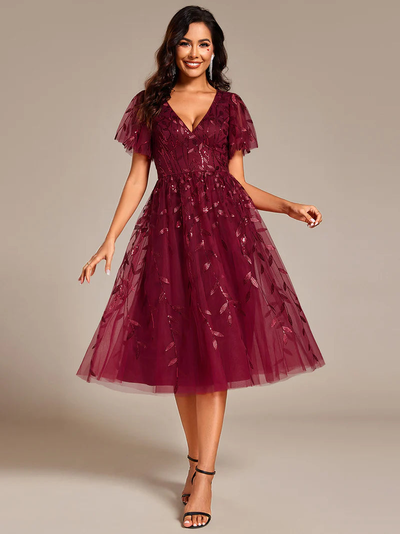 Exquisite Midi-Length Tulle Dress with Ruffled Sleeves, Sequins & Embroidery