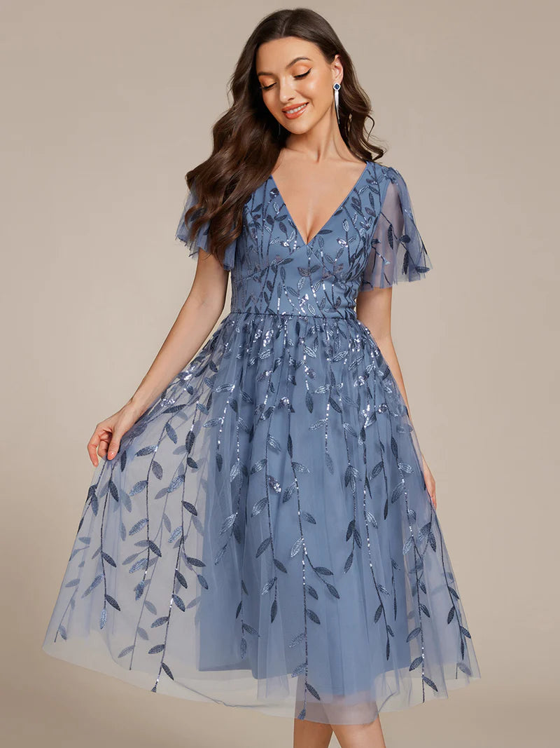Exquisite Midi-Length Tulle Dress with Ruffled Sleeves, Sequins & Embroidery