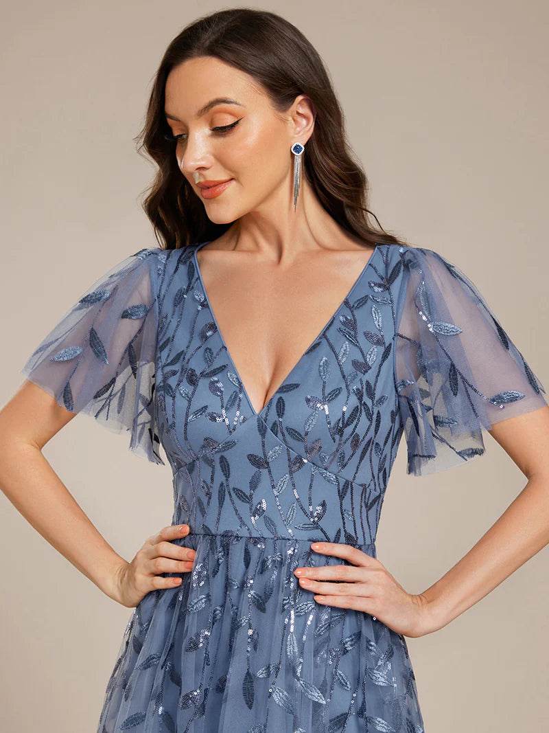 Exquisite Midi-Length Tulle Dress with Ruffled Sleeves, Sequins & Embroidery - Biamonde
