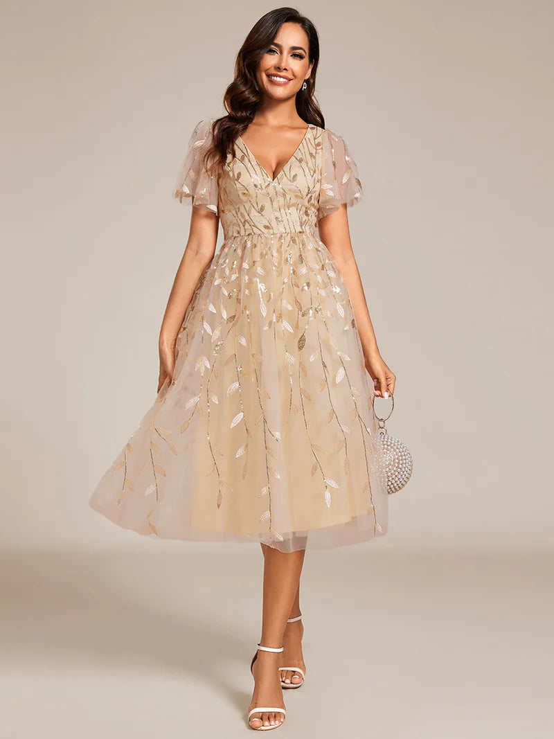 Exquisite Midi-Length Tulle Dress with Ruffled Sleeves, Sequins & Embroidery