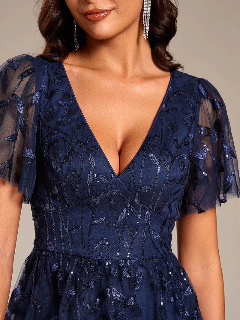 Exquisite Midi-Length Tulle Dress with Ruffled Sleeves, Sequins & Embroidery - Biamonde