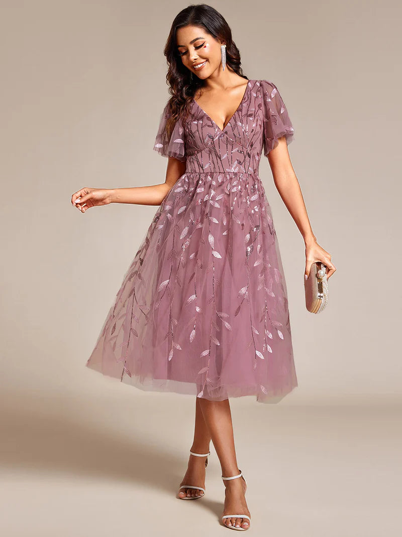 Exquisite Midi-Length Tulle Dress with Ruffled Sleeves, Sequins & Embroidery