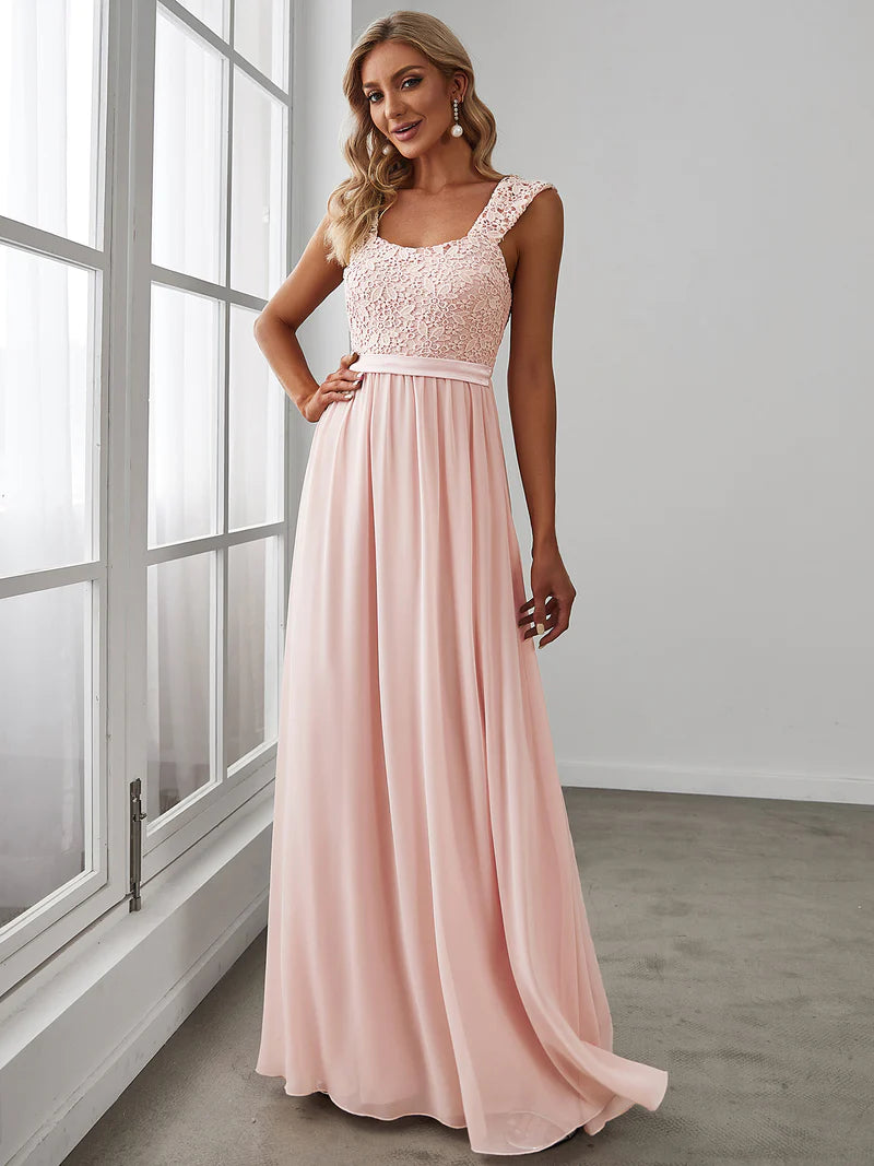 Elegant A Line Chiffon Pink Bridesmaid Dress With Lace Bodice