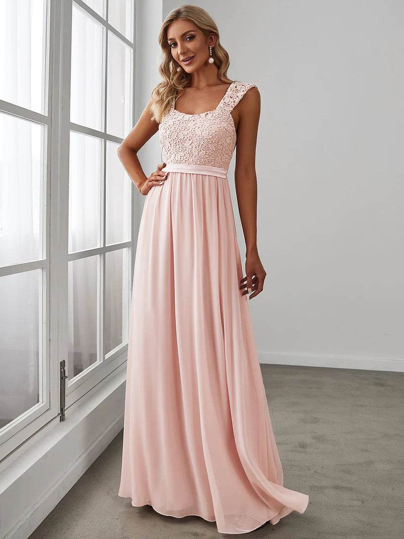Elegant A Line Chiffon Pink Bridesmaid Dress With Lace Bodice - Biamonde