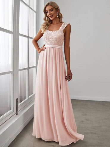 Elegant A Line Chiffon Pink Bridesmaid Dress With Lace Bodice - Biamonde