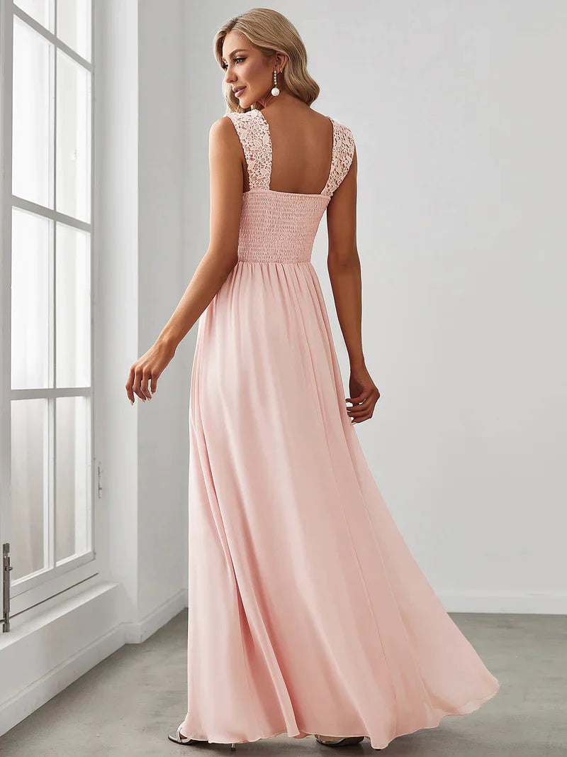 Elegant A Line Chiffon Pink Bridesmaid Dress With Lace Bodice