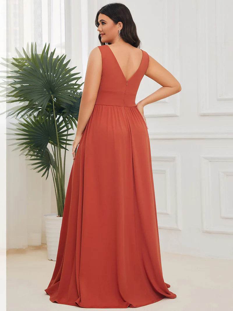 Elegant V-Neck Floor-Length Evening Dress with High Slit & Empire Waist - Biamonde
