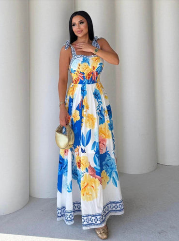 Floral Maxi Dress with Shoulder Tie Straps – Summer Elegance - Biamonde