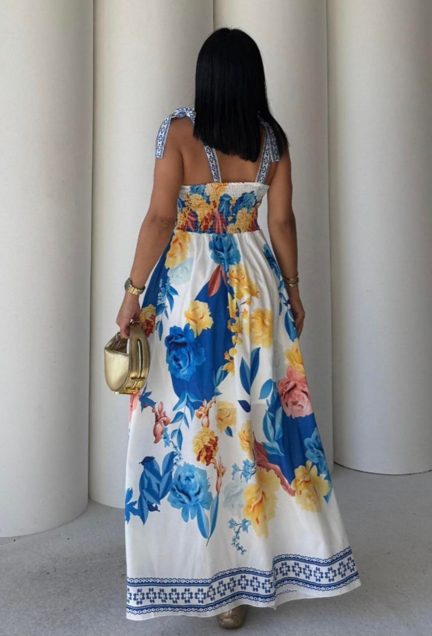 Floral maxi dress with shoulder tie straps, perfect for summer elegance and comfort