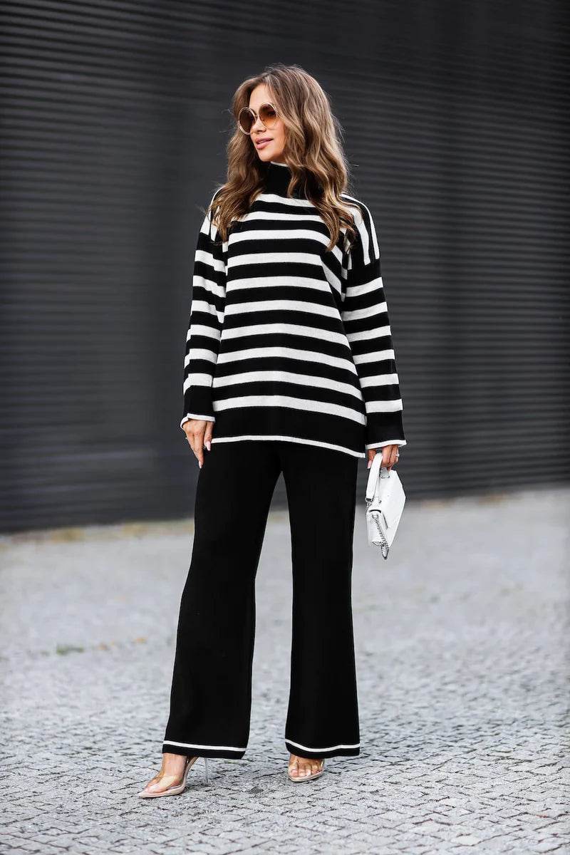 Francesca Black Striped Set – Sleek Two-Piece Loungewear with Monochrome Charm - Biamonde