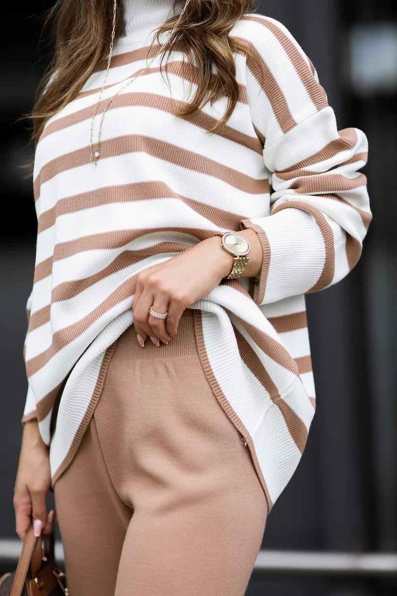 Francesca caramel striped knit set, cozy two-piece knitwear in warm neutral tones