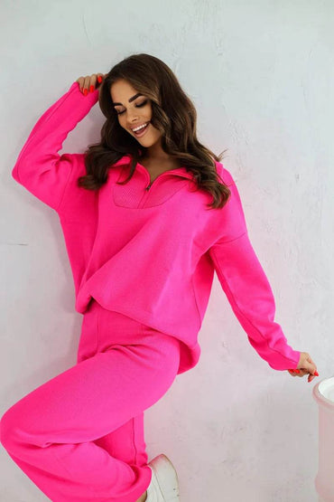 Fuchsia Zip Sweater Set – Bold & Cozy Two-Piece Lounge Outfit - Biamonde