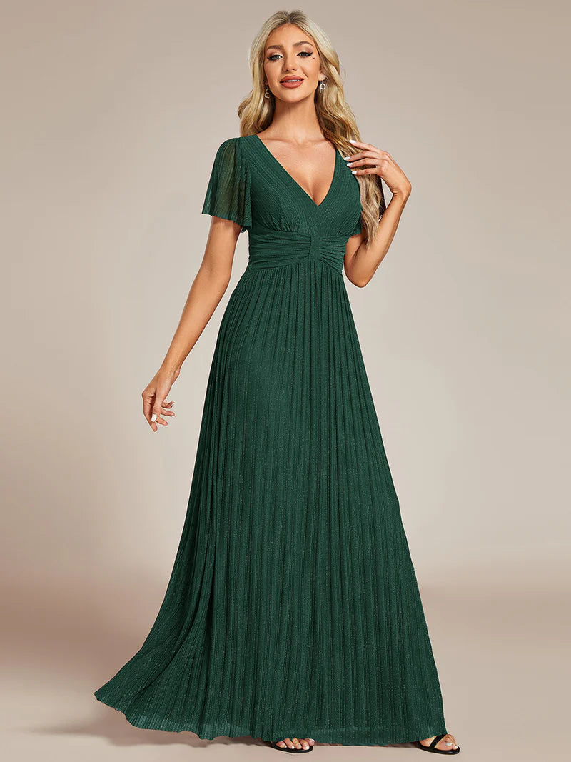 Glittery mesh evening dark green dress with V-neckline and bowknot waist, perfect for elegant parties
