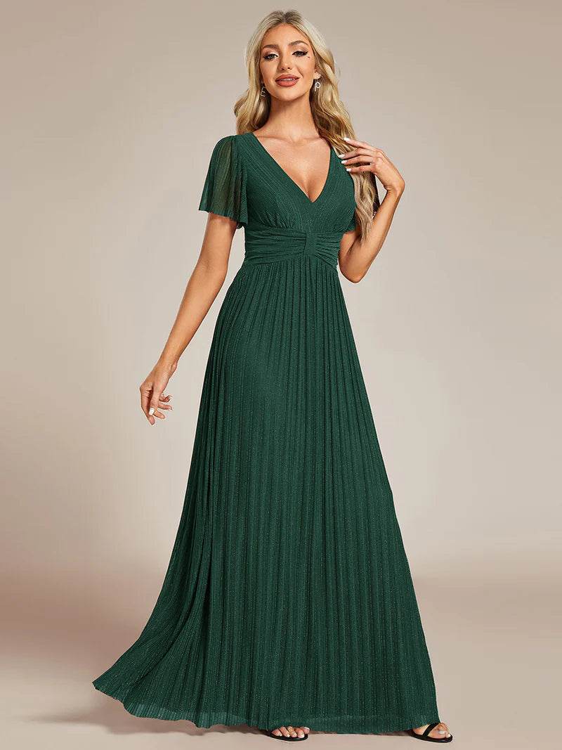 Glittery V-Neck Mesh Evening Dress with Bowknot Waist – Elegant Party Gown - Biamonde