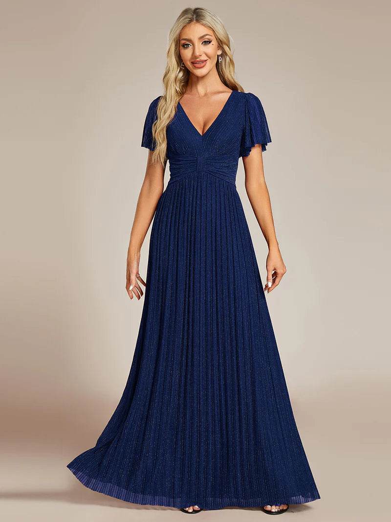 Glittery V-Neck Mesh Evening Dress with Bowknot Waist – Elegant Party Gown - Biamonde