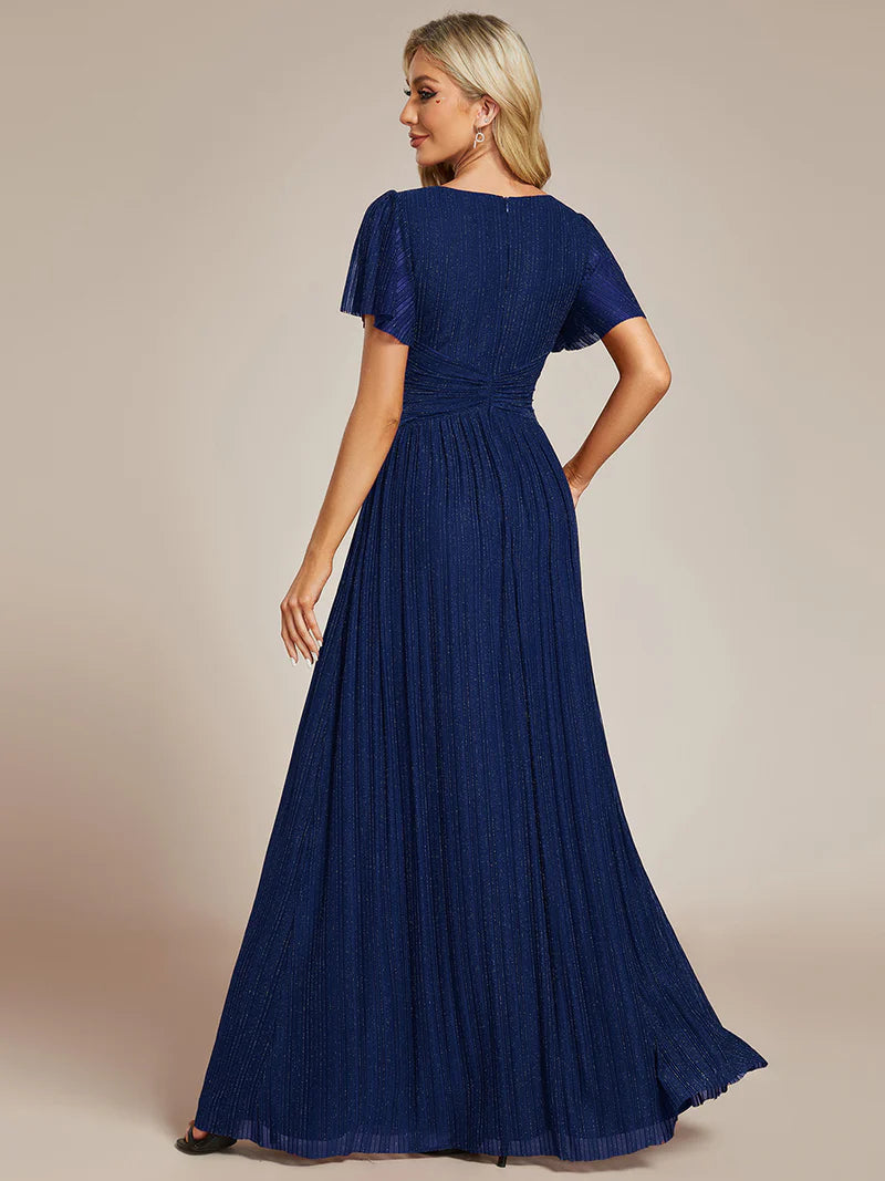 Glittery mesh evening navy blue dress with V-neckline and bowknot waist, perfect for elegant parties