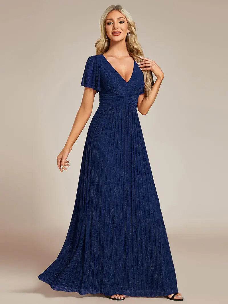 Glittery V-Neck Mesh Evening Dress with Bowknot Waist – Elegant Party Gown - Biamonde