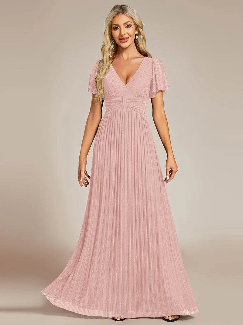 Glittery V-Neck Mesh Evening Dress with Bowknot Waist – Elegant Party Gown - Biamonde