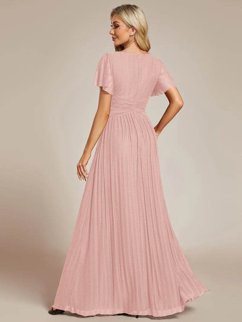 Glittery V-Neck Mesh Evening Dress with Bowknot Waist – Elegant Party Gown - Biamonde