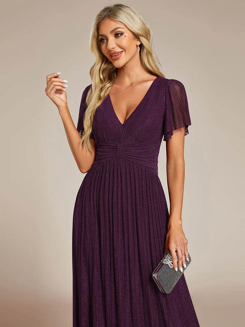 Glittery V-Neck Mesh Evening Dress with Bowknot Waist – Elegant Party Gown - Biamonde