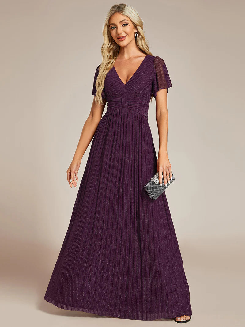 Glittery purple wisteria evening dress with V-neck, mesh fabric, and bowknot waist