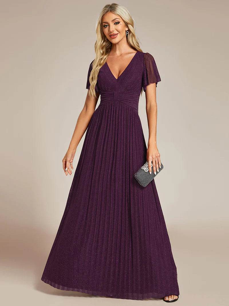 Glittery V-Neck Mesh Evening Dress with Bowknot Waist – Elegant Party Gown - Biamonde