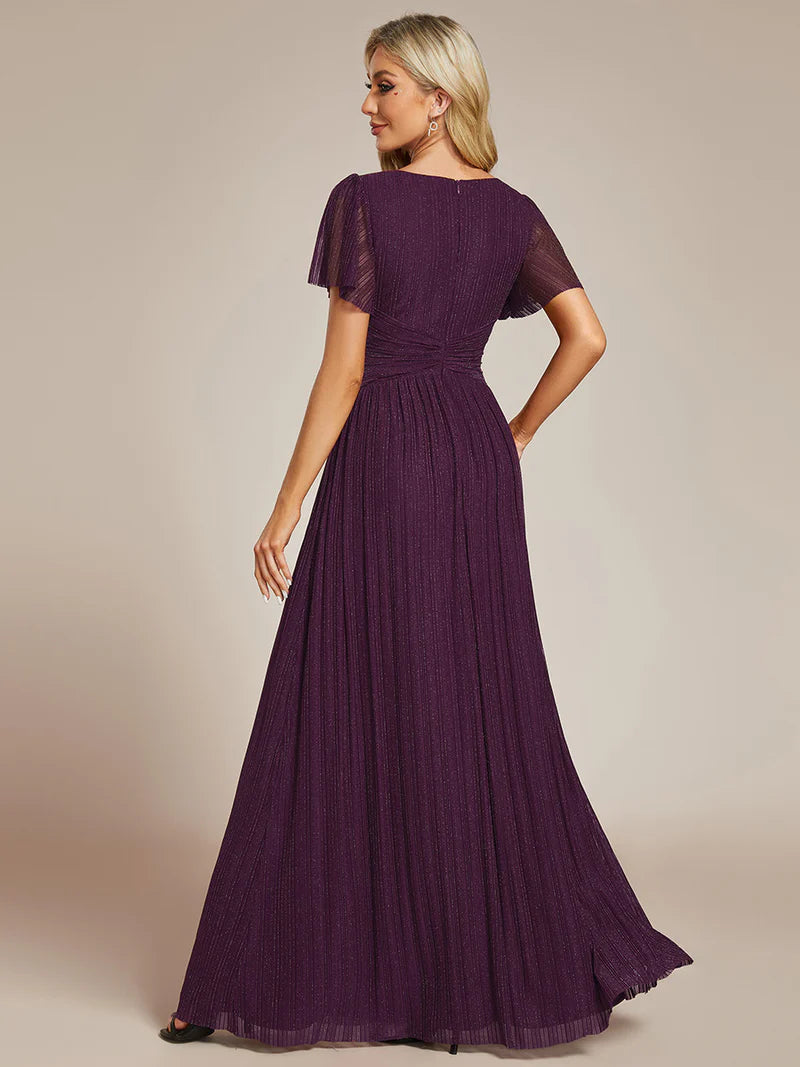 Glittery purple wisteria evening dress with V-neck, mesh fabric, and bowknot waist